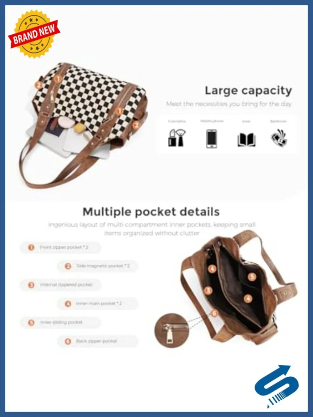 Checkered Hobo Tote Bag for Women PU Leather & Canvas Vintage Shoulder